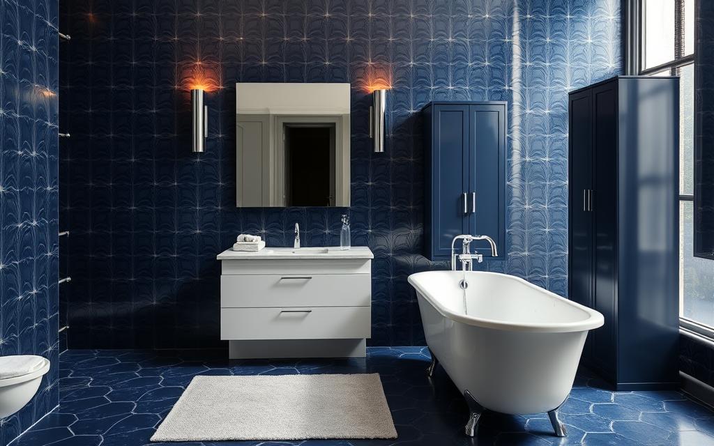 granatowe płytki i meble łazienkowe